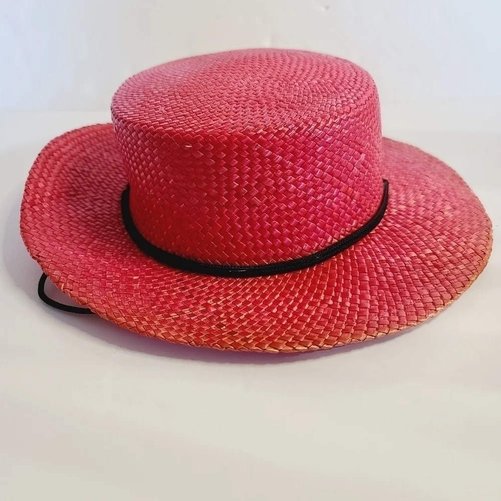 Vintage 90s Red Straw Brim Beach Summer Hat - Picture 8 of 11